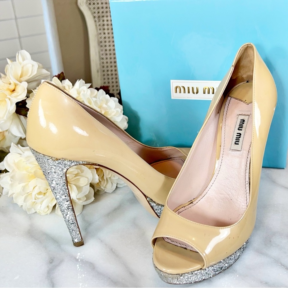 Miu Miu Open Toe Glittery Platform Stilettos - image 1